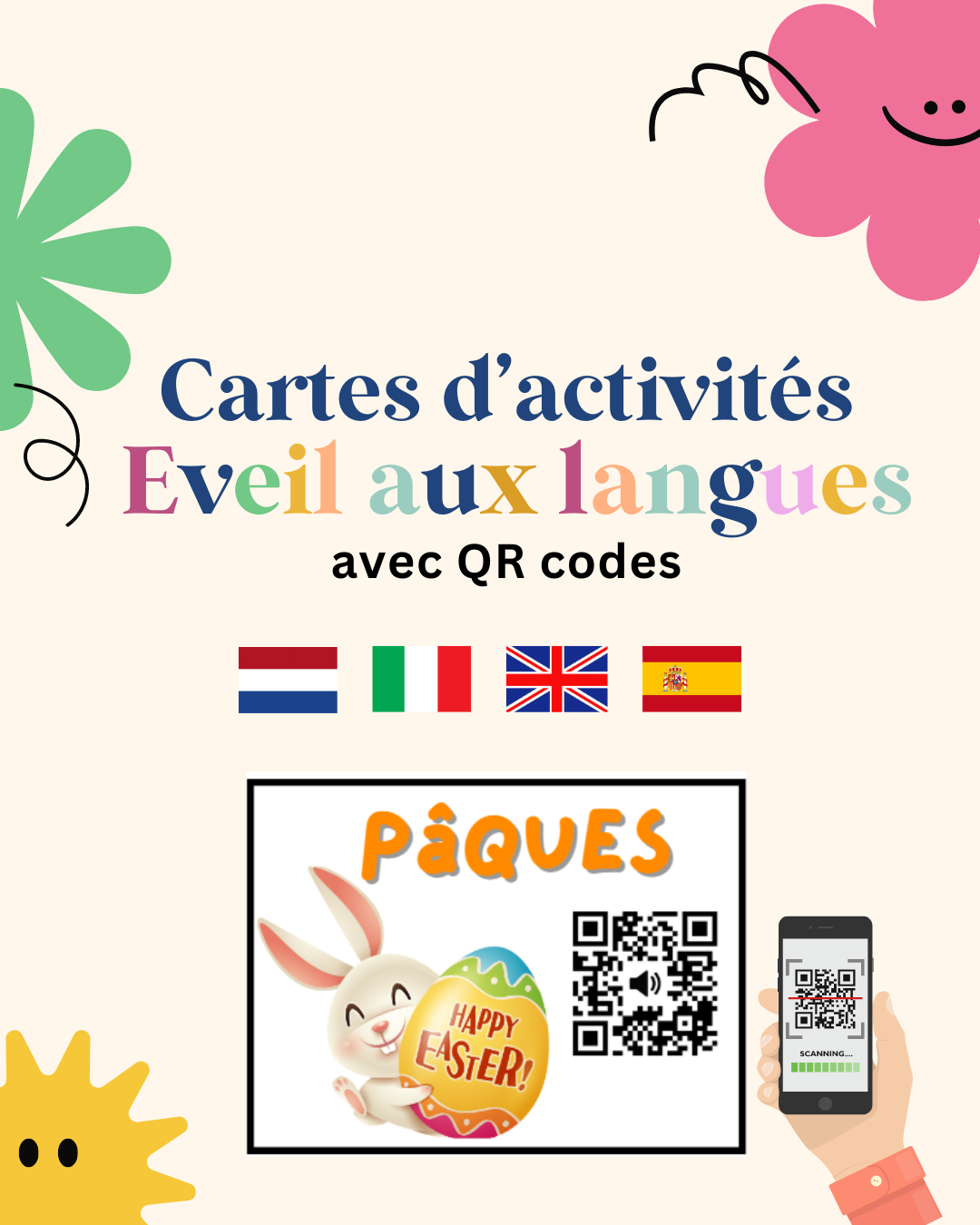 Cartes d'activités Éveil aux langues avec QR codes - Pâques
